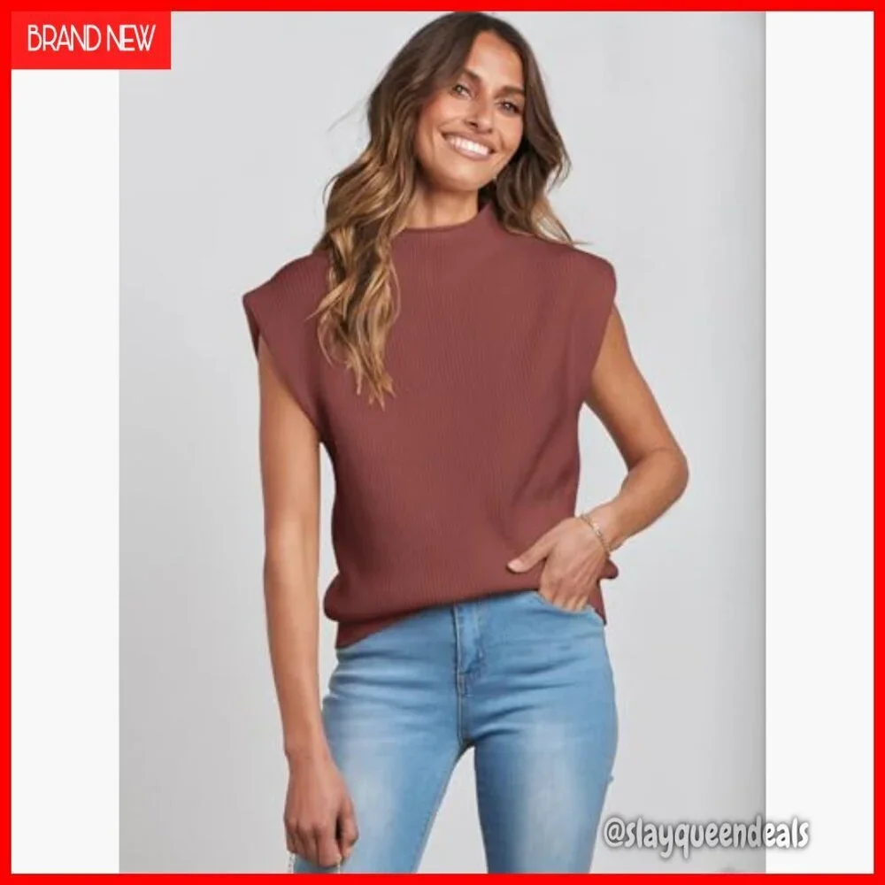 Mock Neck Sleeveless Sweater Vest Cap Sleeve Knit Pullover Tank Top